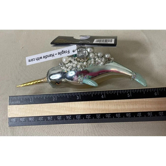 Robert Stanley Blown Glass Glitter Pearls Narwhal Christmas Holiday Ornament NEW - Picture 4 of 4